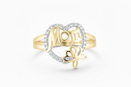 Gold ring with 'MOM' and heart design on a white background