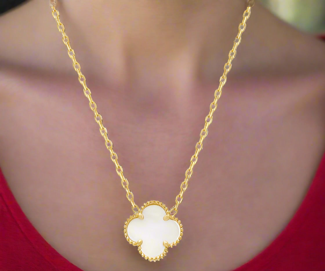 Mother of Pearl Clover Necklace – 10K Gold, Diamond Cut, 18–20" Chain