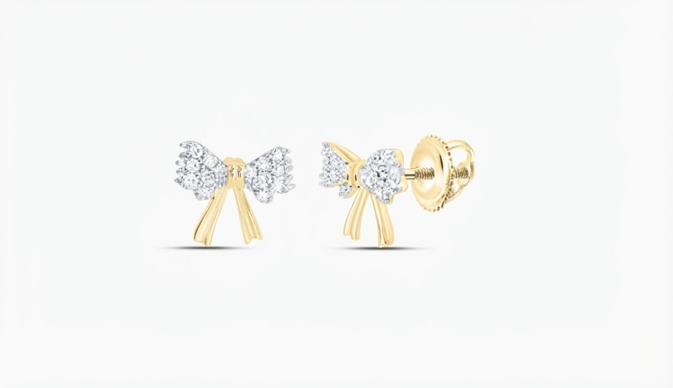 10K yellow gold natural diamond bow earrings with 1/8 CTW diamonds