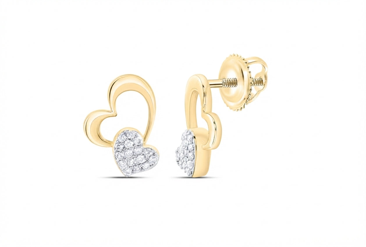 10K yellow gold natural diamond heart earrings with screw backs, 1/8 CTW