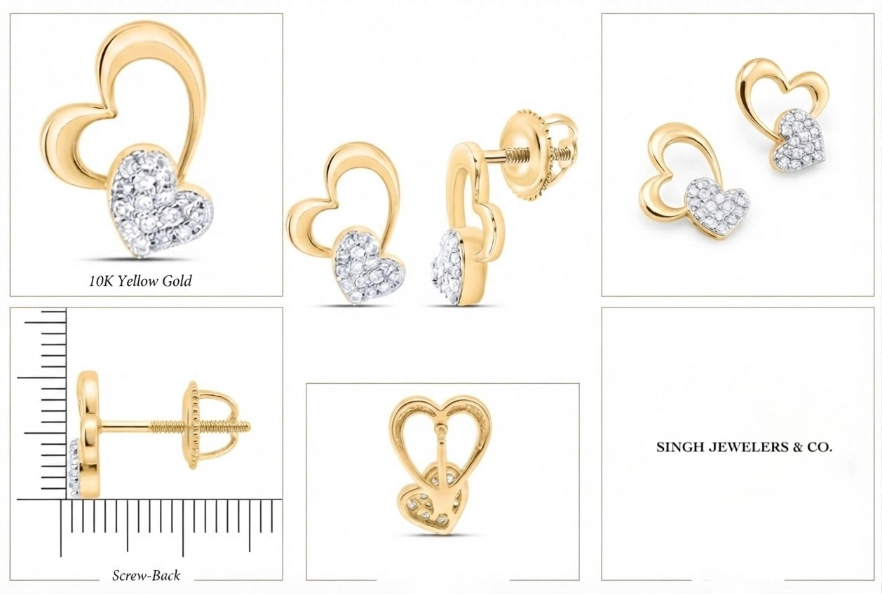 10K yellow gold natural diamond heart earrings with screw backs, 1/8 CTW different angles