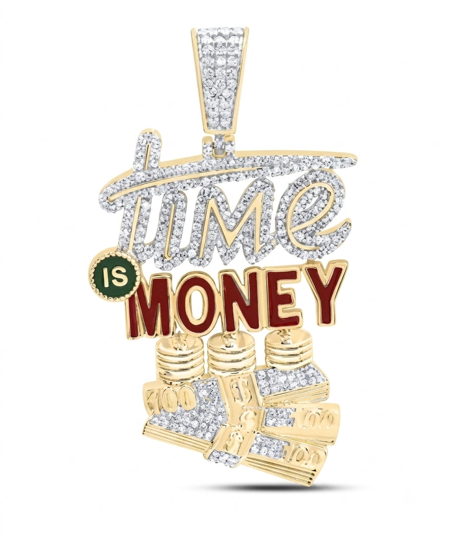 10K yellow gold natural diamond Time Money men's charm pendant featuring 7/8 CTTW round diamonds.