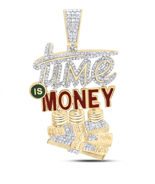 10K yellow gold natural diamond Time Money men's charm pendant featuring 7/8 CTTW round diamonds.