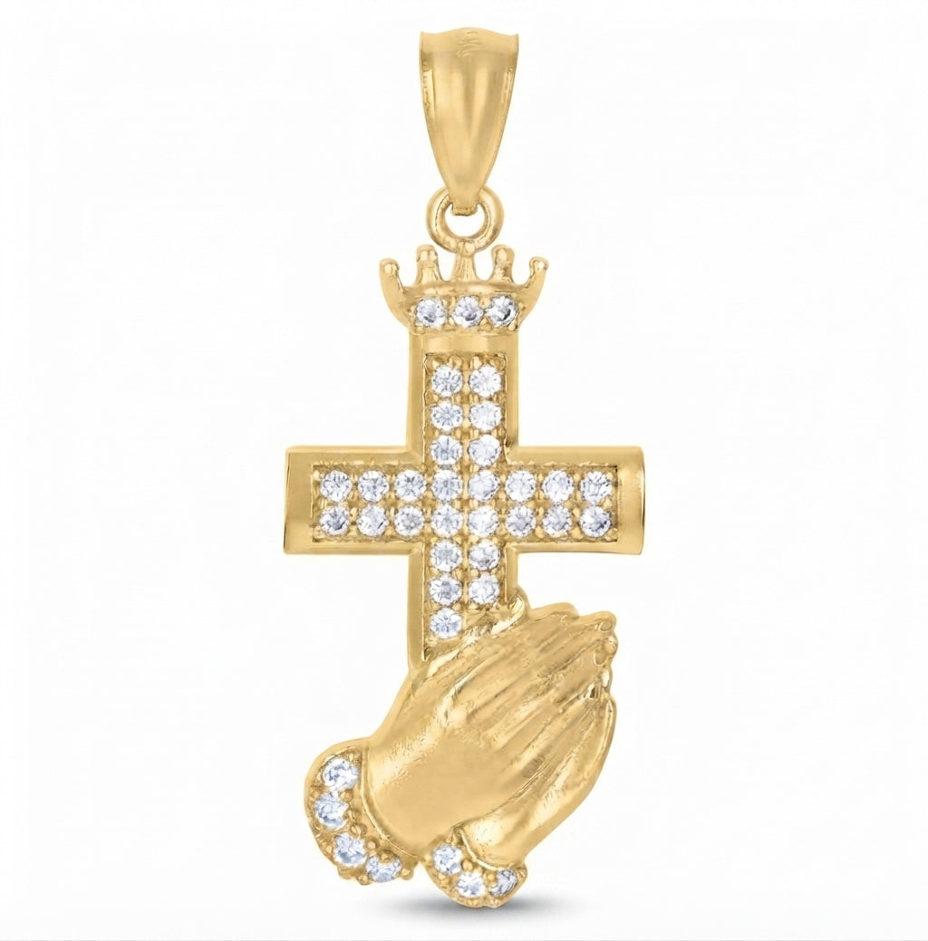 10K yellow gold praying hands cross religious pendant with clear CZ