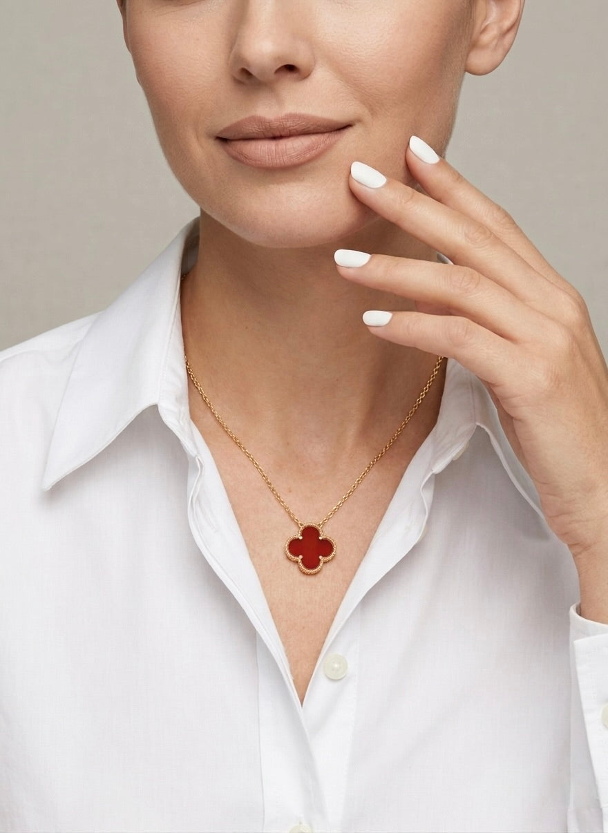 Luxury inspired red clover vancleef necklace in yellow gold