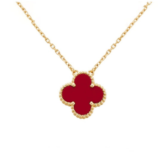 10K Yellow Gold Red Van Clover Necklace, 12mm Pendant, Elegant Jewelry