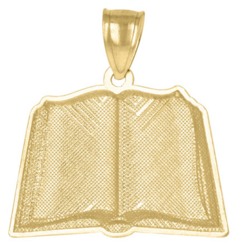 Front view of gold Bible pendant with 25.4mm height and 24.1mm width