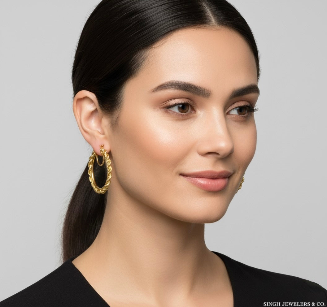 10K Gold Rope Hoop Earrings – Bold & Lightweight Design