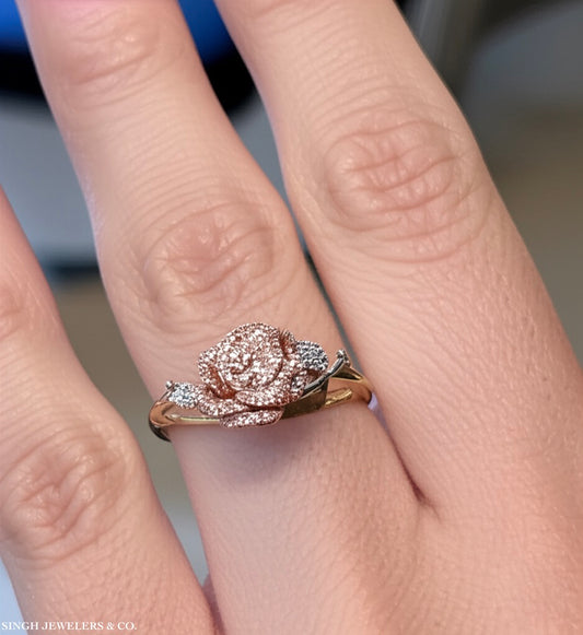 Front view of 10K yellow gold promise ring with rose design and diamonds