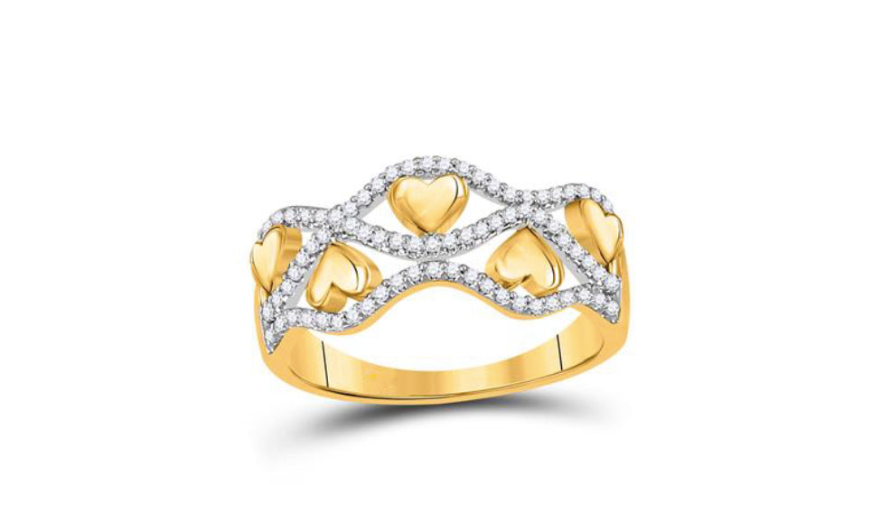 10K yellow gold rotating heart diamond band with 1/5 Cttw diamonds, perfect for engagements, anniversaries, or as a romantic gift.