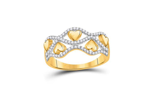 10K yellow gold rotating heart diamond band with 1/5 Cttw diamonds, perfect for engagements, anniversaries, or as a romantic gift.