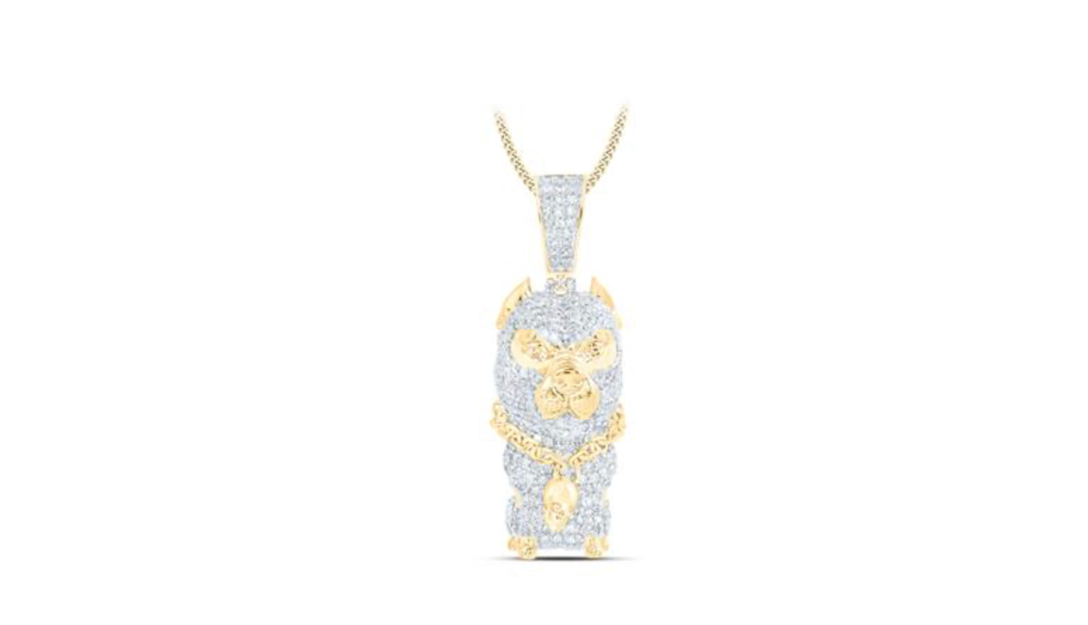 Close-up of a 10K yellow gold dog-shaped charm pendant adorned with 3 carat total weight of round diamonds.