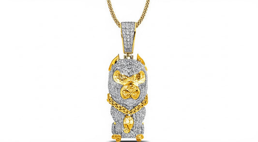 Close-up of a 10K yellow gold dog-shaped charm pendant adorned with 3 carat total weight of round diamonds.