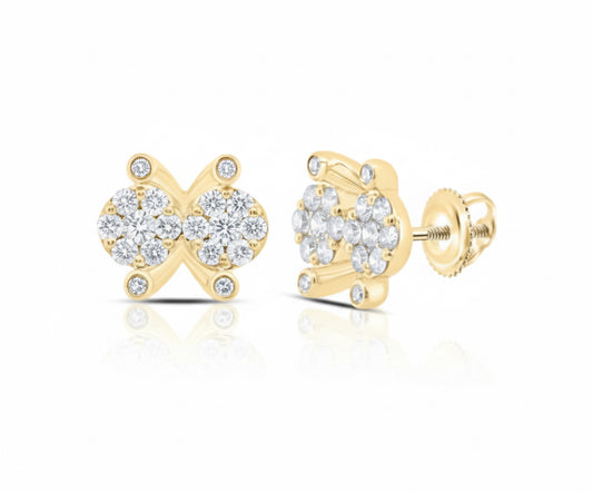 Gold earrings with diamond accents on a white background