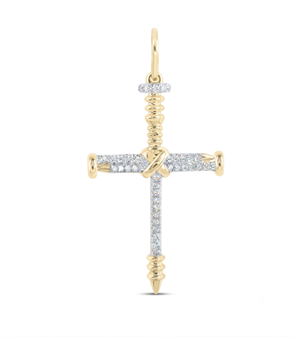 10K Yellow Gold Round Diamond Nail Cross Charm Pendant 1/5 CTTW