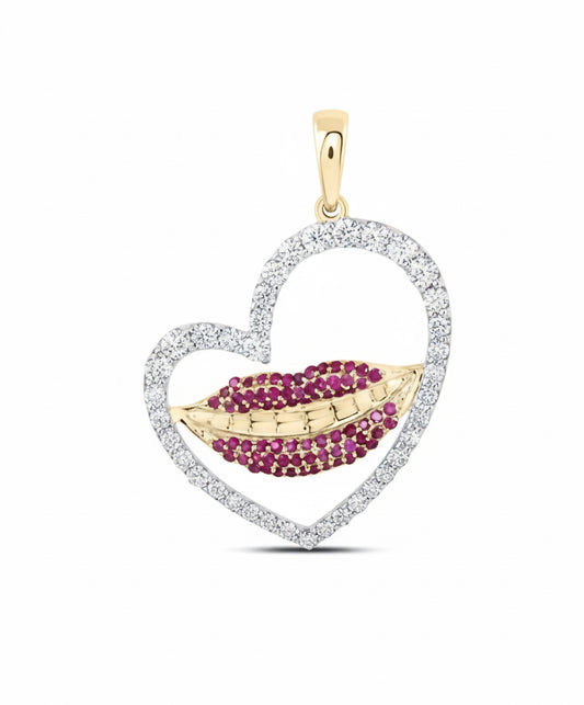 10K yellow gold lips and heart pendant with rubies and diamonds – 1 CTTW