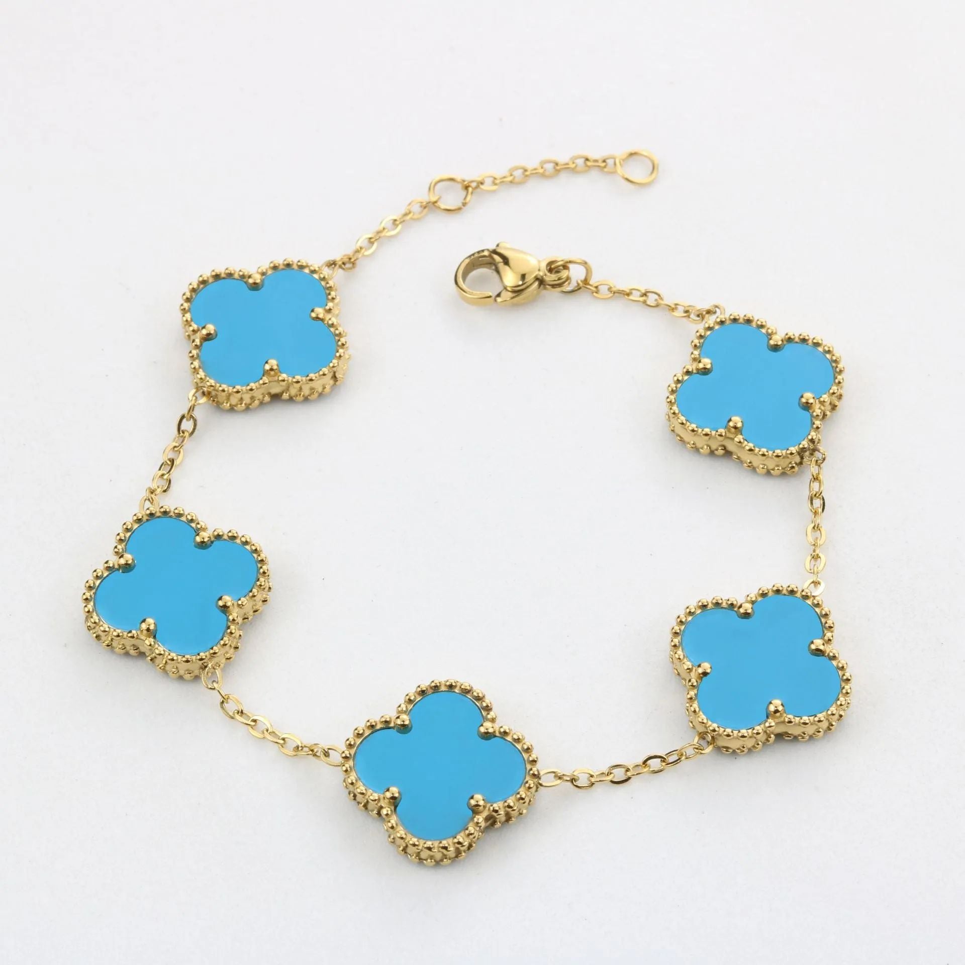 10K yellow gold sky blue clover bracelet, 13mm design, 7.5-inch adjustable size, elegant jewelry piece for women.