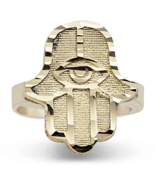 Solid 10K yellow gold Hamsa hand ring with Evil Eye symbol size 9.