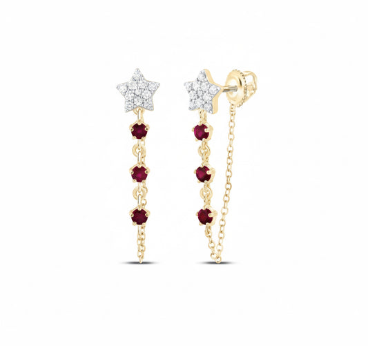 Gold earrings with star and gemstone designs on a white background
