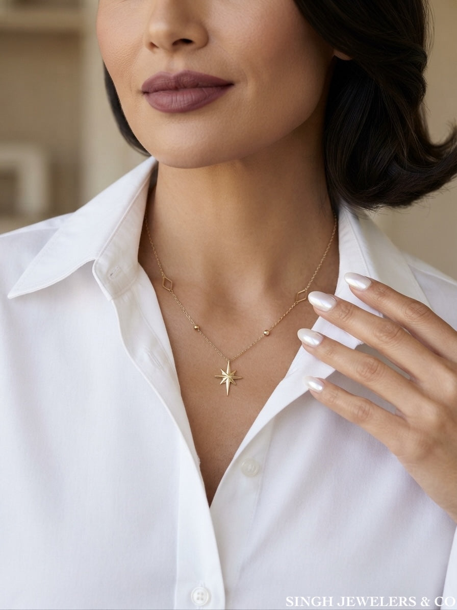 10K yellow gold starburst pendant on a paperclip chain necklace.
