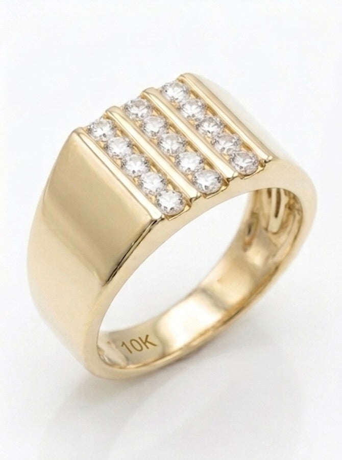Detailed view of the polished 10K yellow gold band and secure diamond setting.