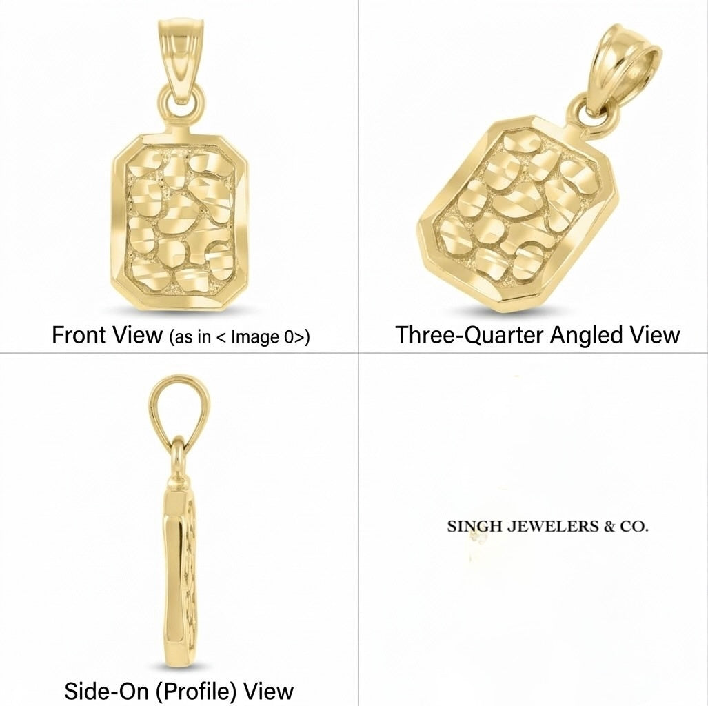 10K yellow gold unisex nugget octagon pendant, 20 mm high and 8.9 mm wide different angles
