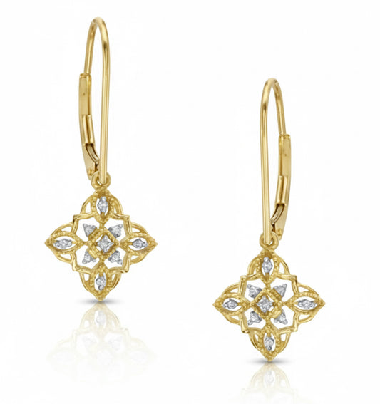 Gold earrings with diamond accents on a white background