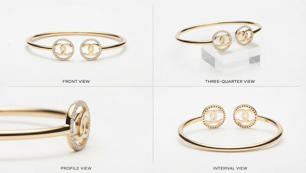 Close-up of 10K yellow gold white sapphire bangle bracelet