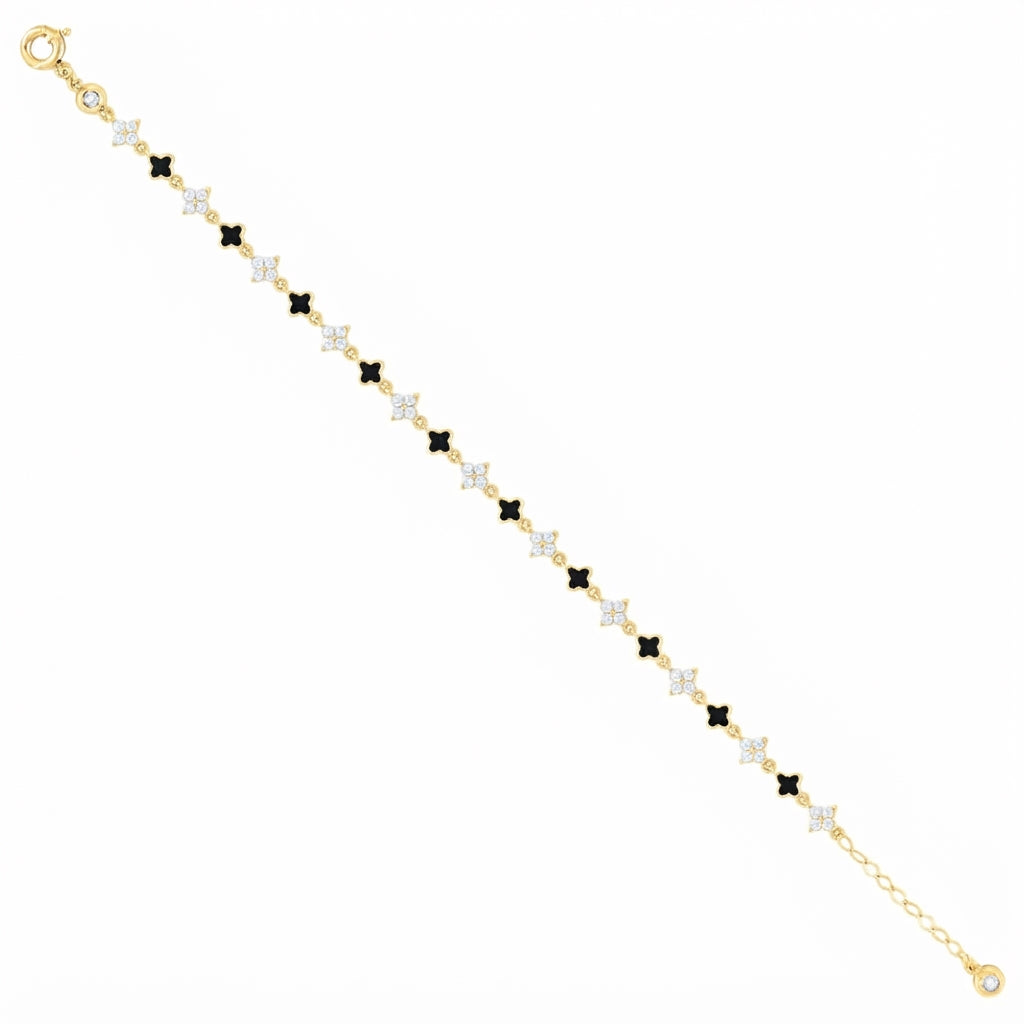 10K yellow gold women's black enamel clover good luck link bracelet with clear CZ