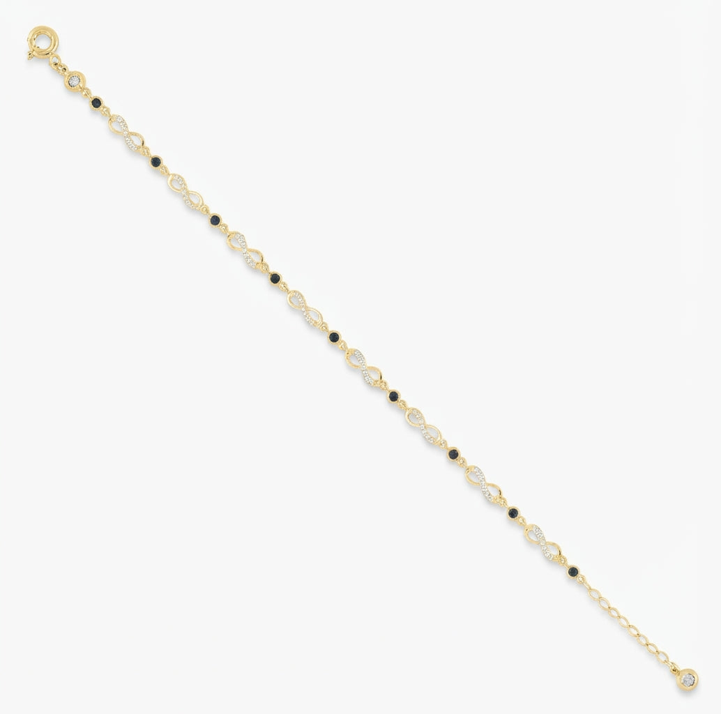 10K yellow gold women's black enamel infinity bracelet with clear CZ, 8 inch