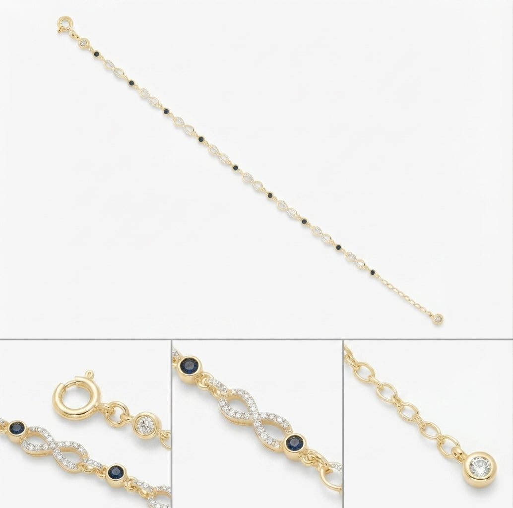 Close-up of black enamel infinity design with clear cubic zirconia on 10K gold bracelet