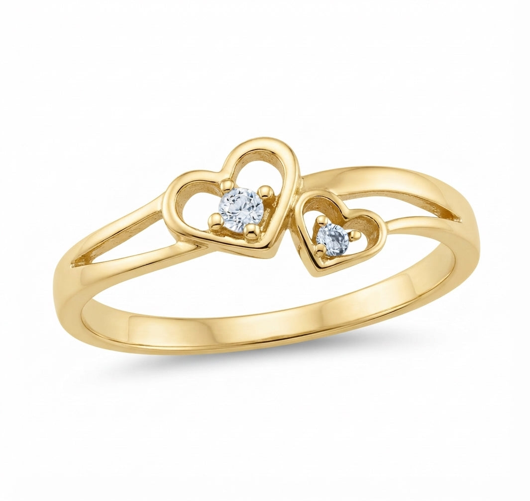 10K yellow gold women's double heart ring with cubic zirconia