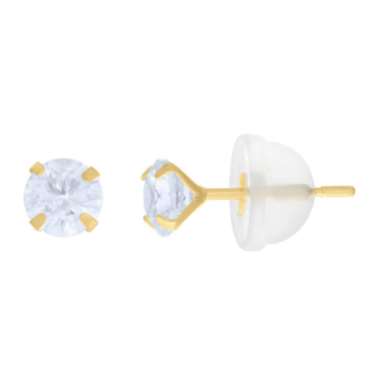 10K White Gold 4mm White Sapphire Stud Earrings with silicone backs – Classic prong-set sparkle