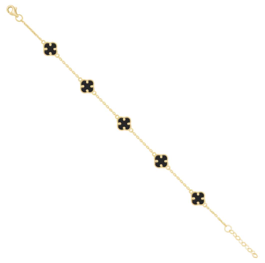 14k Gold Black Enamel Four Leaf Clover Bracelet