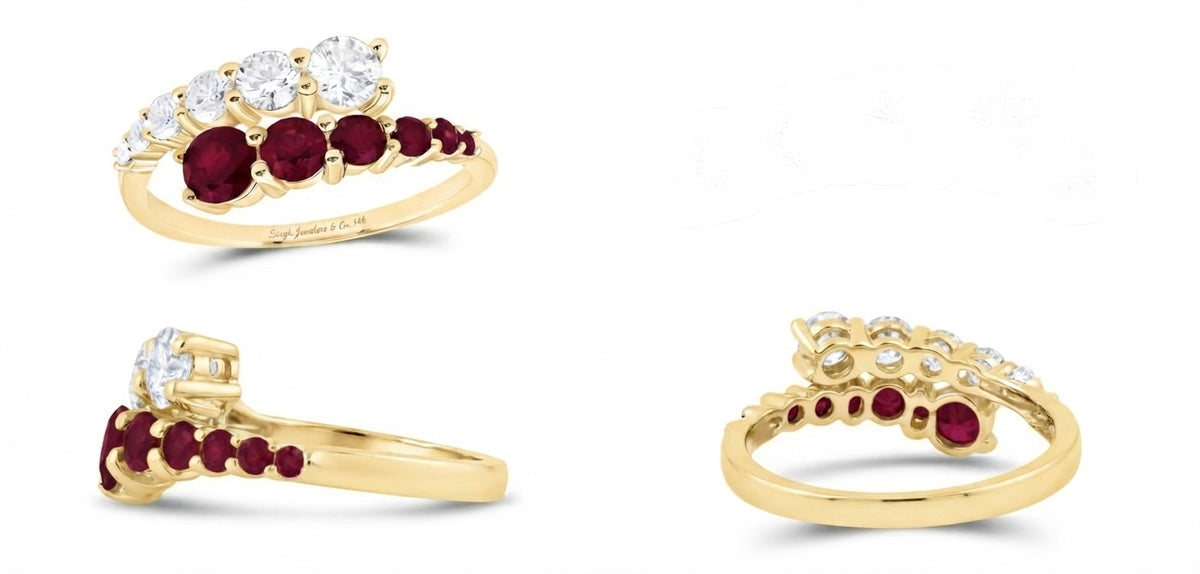 A yellow gold ring shown from multiple angles on a white background, featuring a curved top set with clear stones and a row of round deep red gemstones.