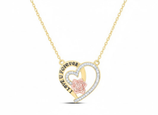 Heart-shaped necklace with 'I love you forever' and a rose, on a white background