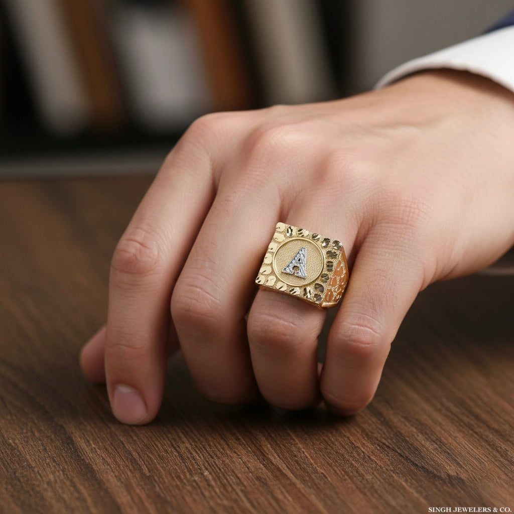 Men’s 10Kt Gold Nugget Ring – Letter A
