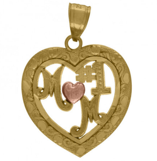 10kt two-tone gold #1 Mom rose heart charm, perfect for a thoughtful gift.