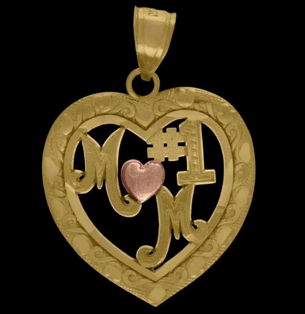 10kt two-tone gold #1 Mom rose heart charm, perfect for a thoughtful gift.