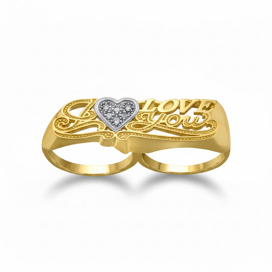 10kt Two-Tone Gold 'I Love You' Two-Finger Ring with Cubic Zirconia