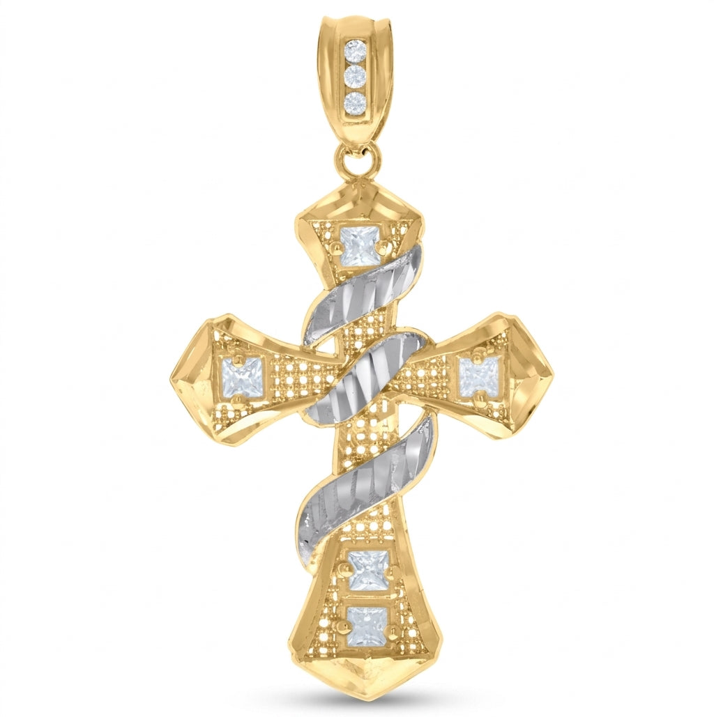 10KT two-tone gold men's religious cross pendant with princess-cut cubic zirconia stones, 53.1mm high and 29.6mm wide