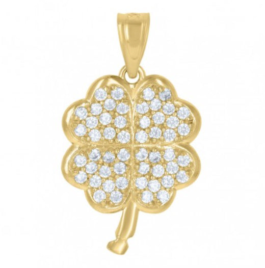 10kt Yellow Gold Clover Good Luck Charm Pendant with CZ Stones – 4 Leaf Clover Design, 21mm Height, 12.16mm Width