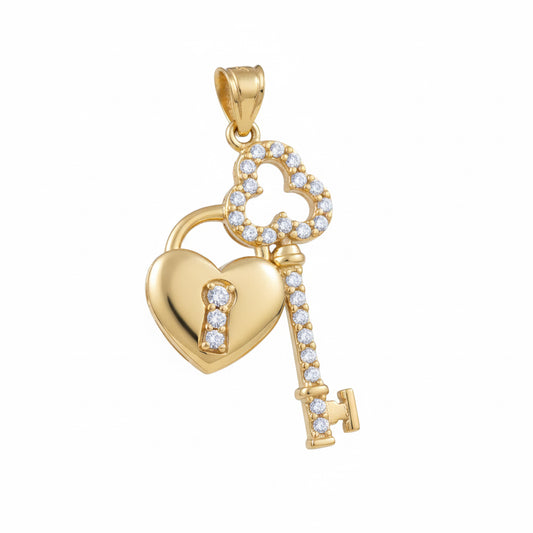 10kt yellow gold heart key pendant for women with cubic zirconia, no chain included