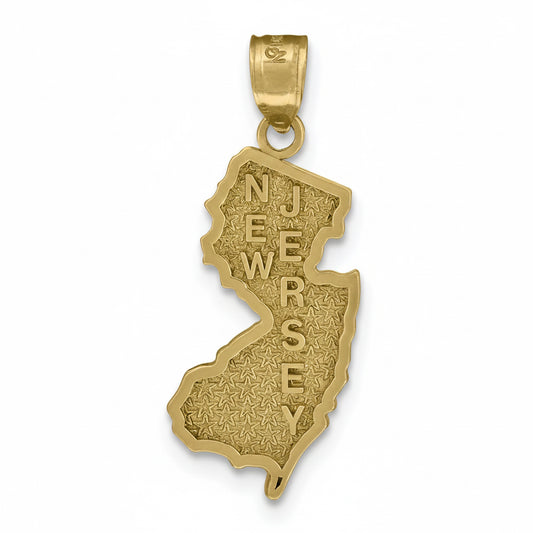 Gold pendant in the shape of New Jersey with 'New Jersey' engraved on a white background