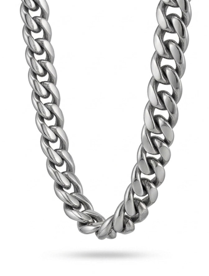 12mm stainless steel Cuban link necklace heavy weight durable chain with polished finish for everyday wear close up