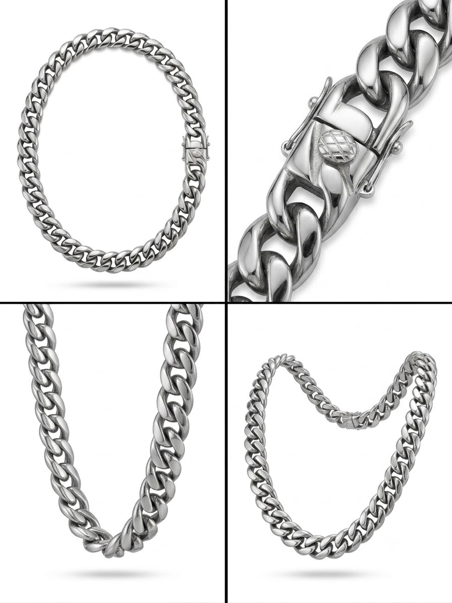 12mm stainless steel Cuban link necklace heavy weight durable chain with polished finish for everyday wear. different angles and views