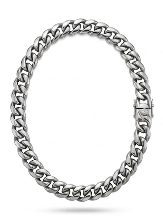 12mm stainless steel Cuban link necklace heavy weight durable chain with polished finish for everyday wear.