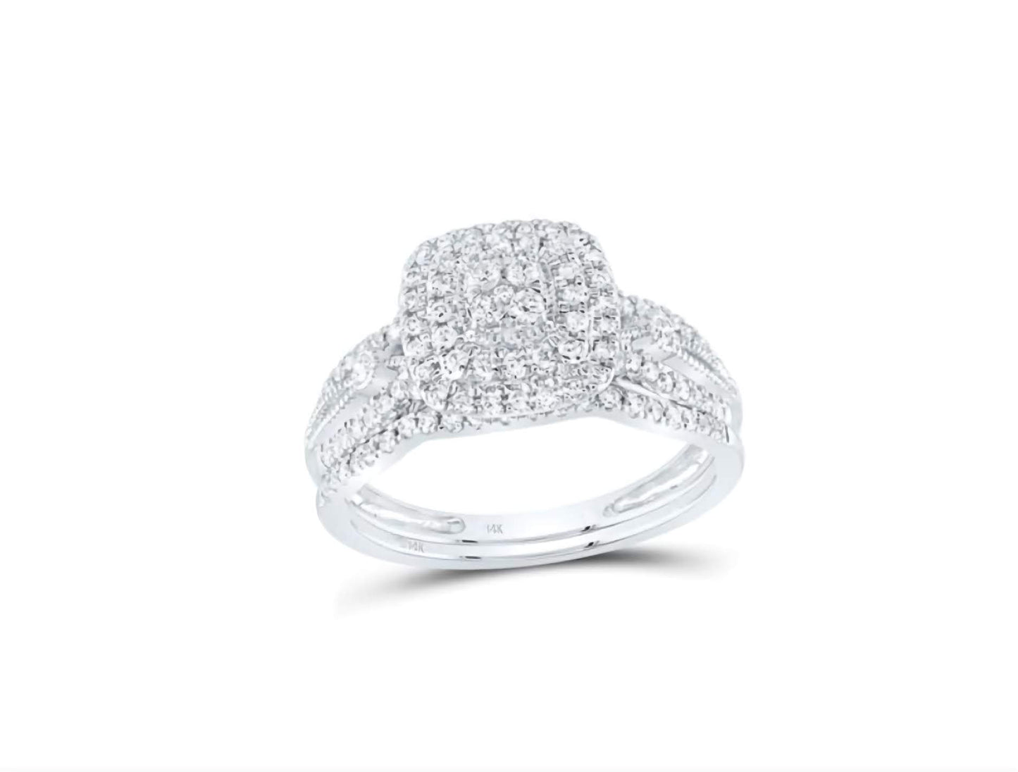 14K Cushion Halo Double Diamond  Bridal Ring Set.
