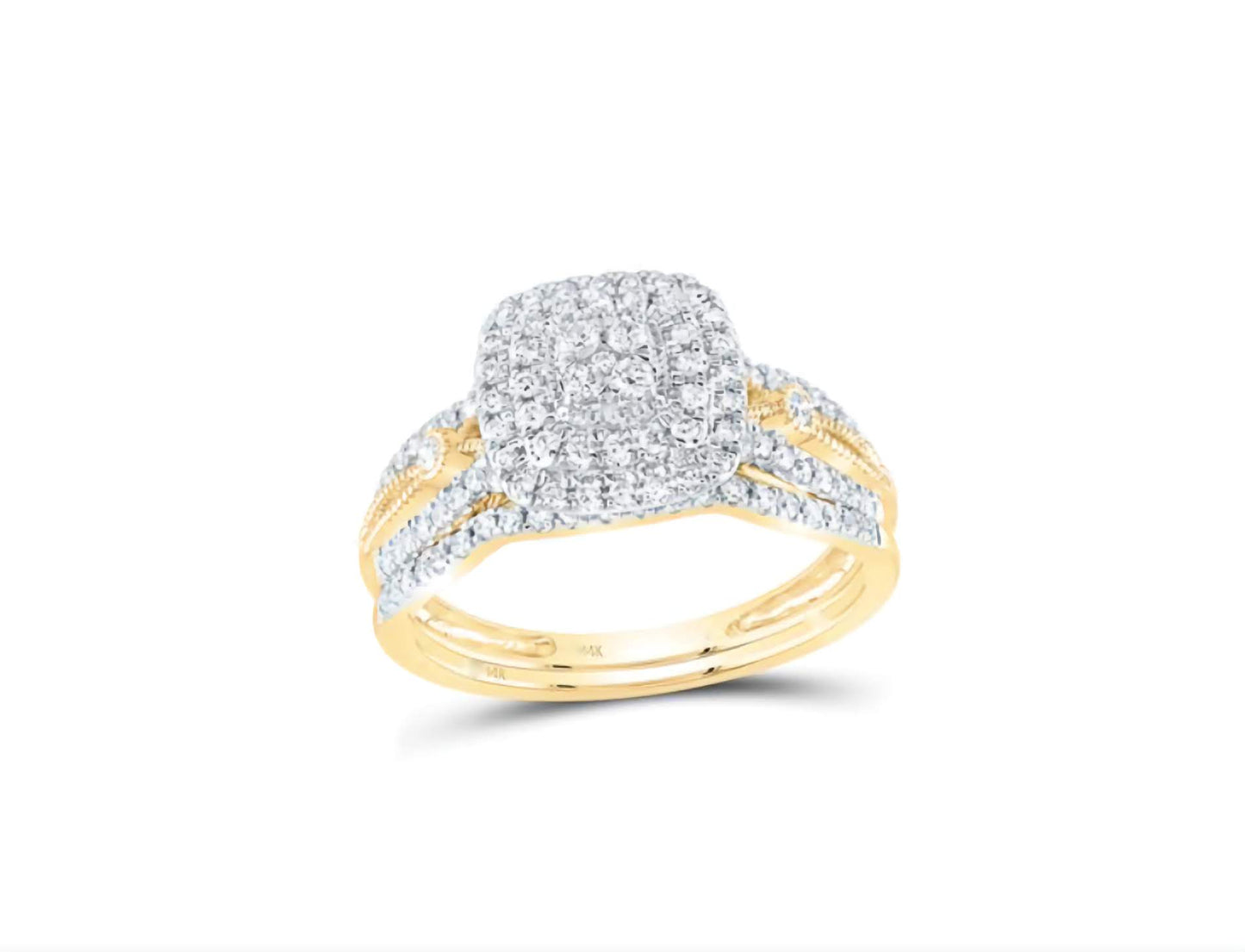14K Cushion Halo Double Diamond  Bridal Ring Set.
