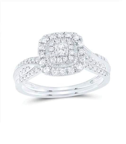 14K Cushion Halo Princess Diamond Bridal Set